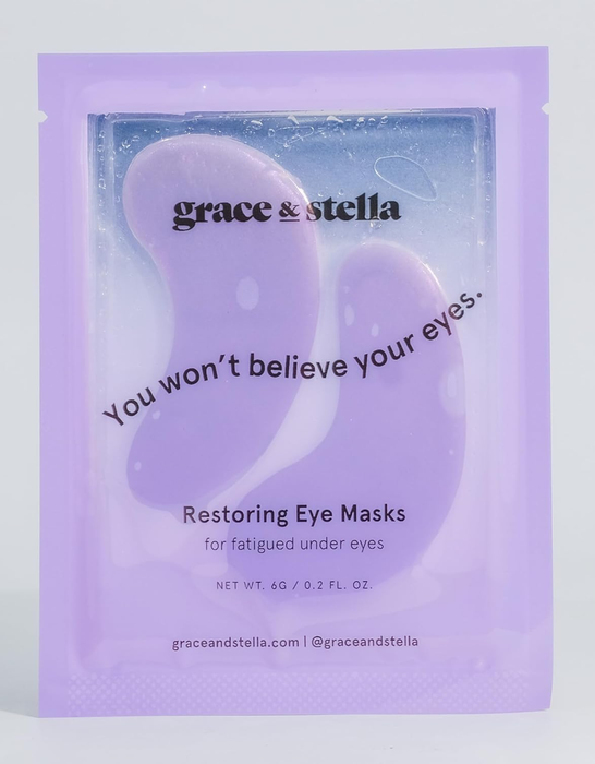 The packaging for Grace & Stella eye masks, highlighting their restorative benefits for tired eyes