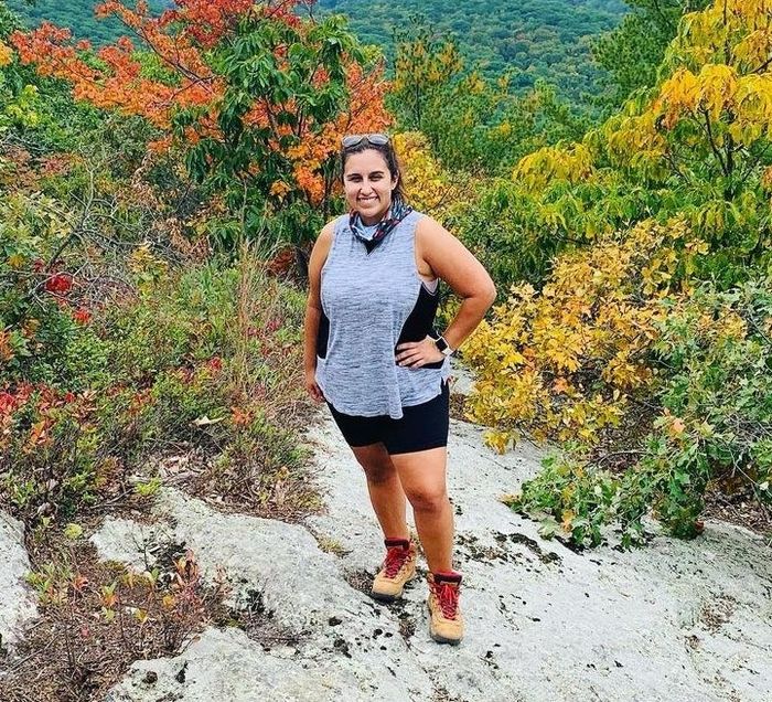 Writer wearing the hiking boots during a fall hike