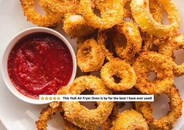 A reviewer's five-star-rated air fried onion rings, with the accompanying text: 
