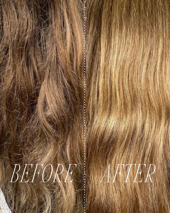 Before and after images of a model showing frizzy, lackluster hair transforming into shiny, smooth locks.