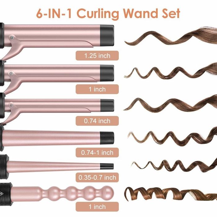 The six interchangeable barrels and the different curl styles they produce