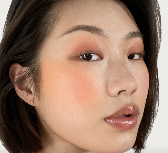A model showcasing a rosy lip gloss, adding a perfect shine to her lips.