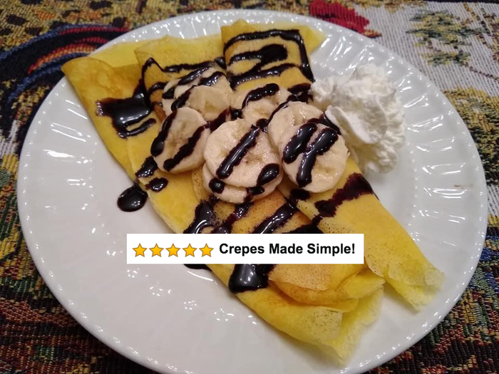 A reviewer's freshly made crepes topped with chocolate sauce, bananas, whipped cream, accompanied by five stars and the phrase 'crepes made simple.'