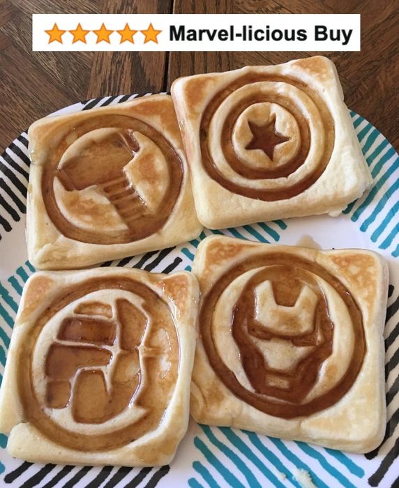 A reviewer’s waffles with a five-star review that reads 'marvel-icious buy.'