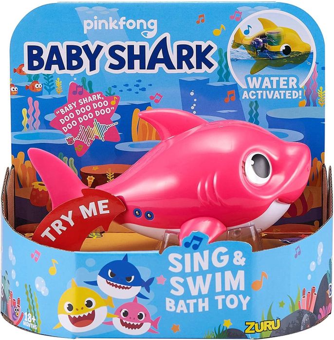 The pink version of the baby shark bath toy