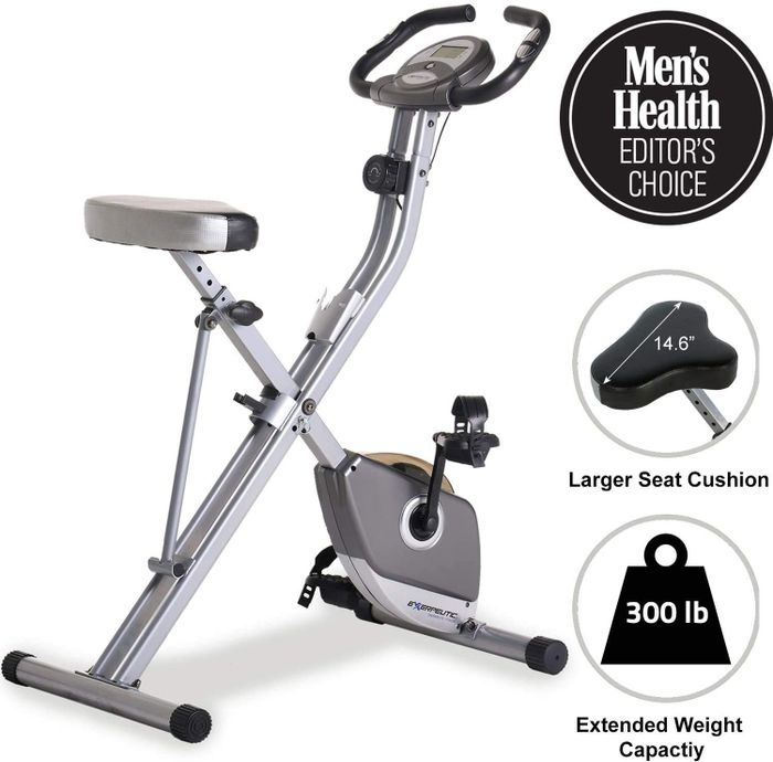 This sleek silver bike, featuring the phrase 'Men's Health editor's choice', comes with a generously padded seat cushion and a 300-pound weight limit for extra durability.