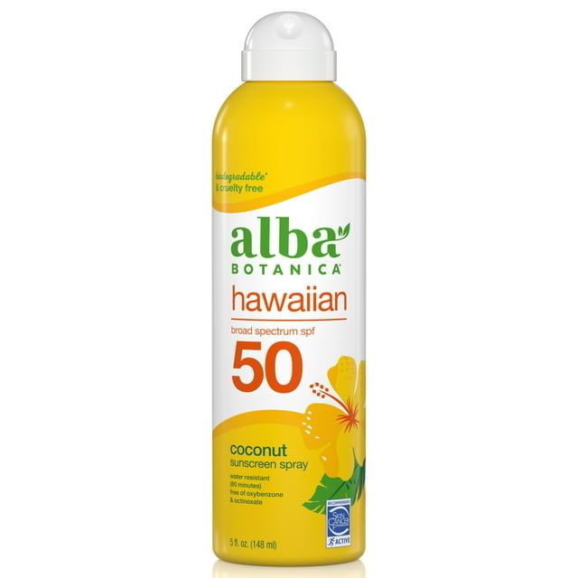Alba Botanica Hawaiian sunscreen spray, SPF 50, with a coconut scent, biodegradable, and cruelty-free.