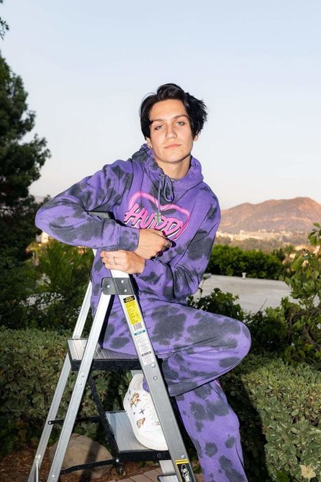 Chase rocking a purple tie-dye hoodie