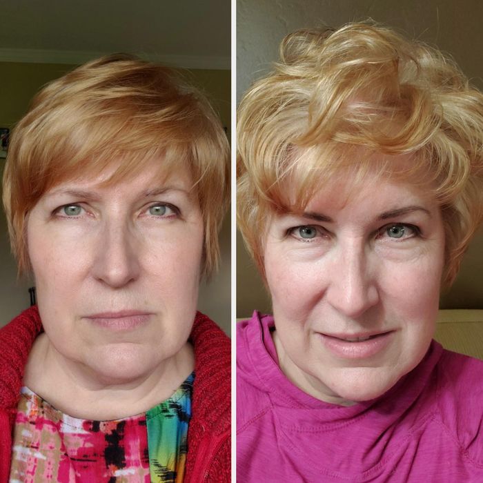 A reviewer displays a before-and-after photo showing significantly more voluminous short hair after using the product.
