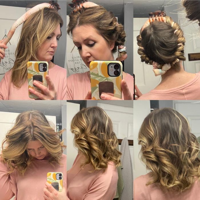 Reviewer demonstrating how they use the Kitsch curler, followed by the stunning curls it creates after removal.