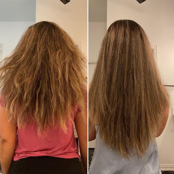 Before and after images showing the reviewer's puffy, frizzy hair transformed into smooth, soft hair after using the treatment.