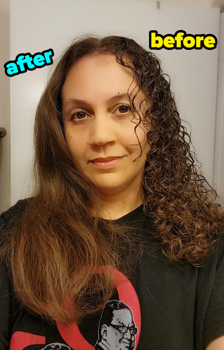 Before and after shots of a curly-haired reviewer with partially straightened curls.