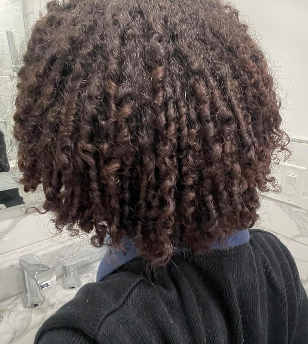 A reviewer showcasing curly hair from the back