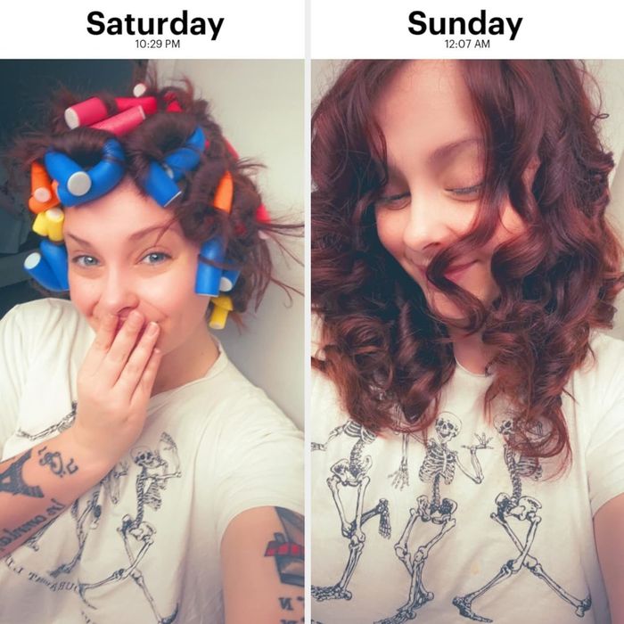 Side-by-side photos showing a reviewer using curlers on Saturday night and their styled curls the following Sunday.