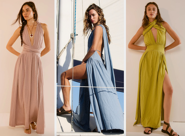 Three models showcasing the maxi dress in different colors, each wearing summer styles with varying necklines, paired with chic sandals