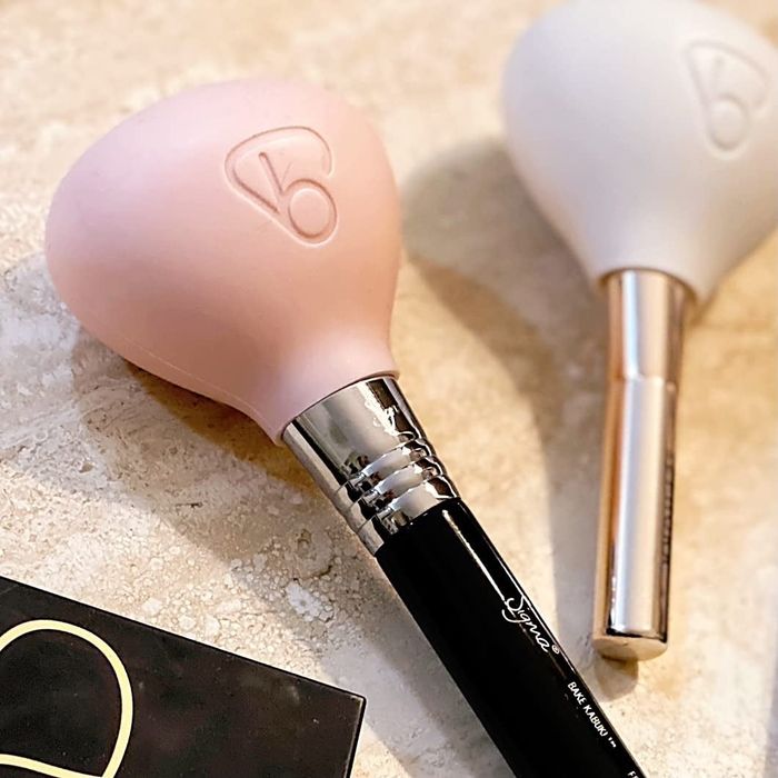 A reviewer's photo of a pink and white case that securely holds two makeup brushes.