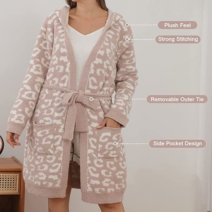 Model wearing a beige and white cheetah print tie-waist hooded robe