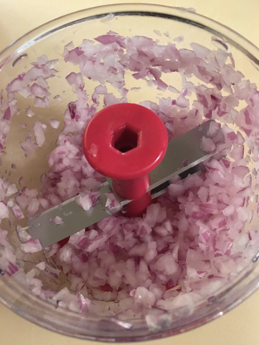 Chopped onion after using the Veggichop.