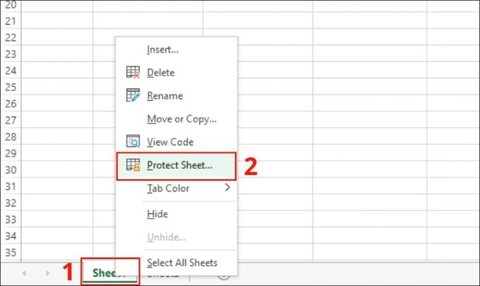 Chọn 'Protect Sheet' để bảo vệ các ô có chứa công thức.