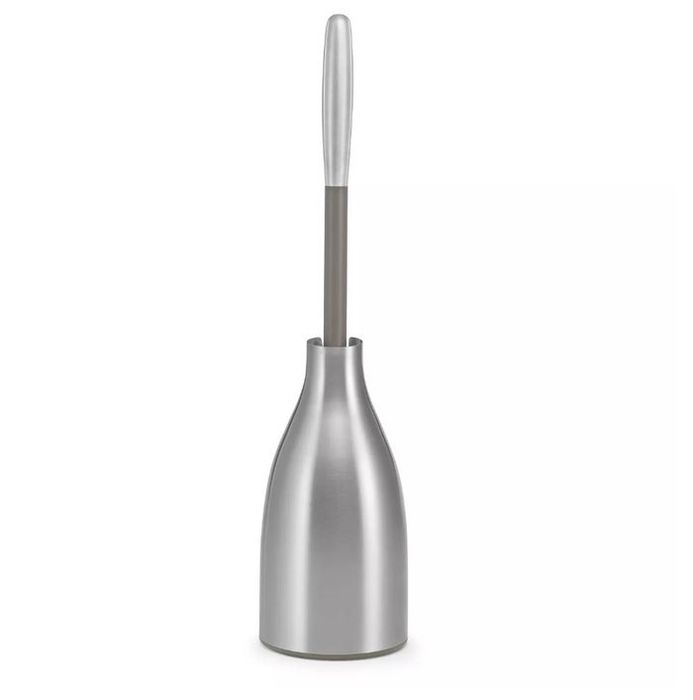 A stainless-steel caddy holding a toilet brush.