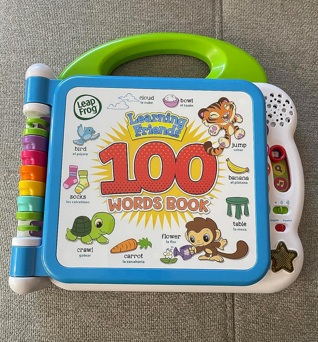 LeapFrog Learning Friends 100 Words Book with charming animal illustrations and a mix of English and Spanish words for an engaging language-learning experience