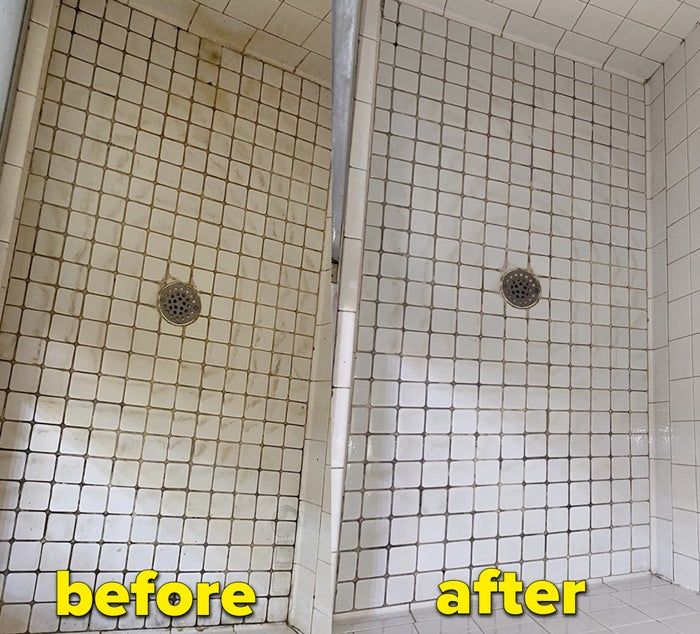 On the left, a reviewer's shower tile appears dirty, while on the right, the same tile looks spotless after using the product.
