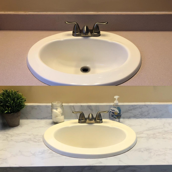 A before-and-after image showing a reviewer's bathroom counter, with and without the surface cover.