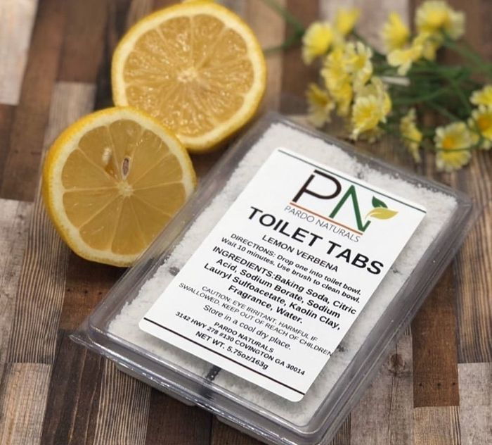 A pack of lemon verbena toilet tabs.
