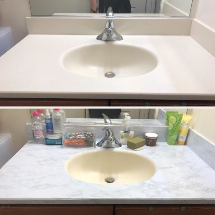 Another before-and-after image showcasing a reviewer's bathroom counter, now adorned with the marble surface cover.