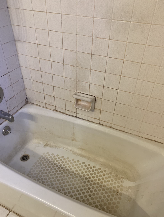A reviewer's shower walls and bath floor appear dirty.