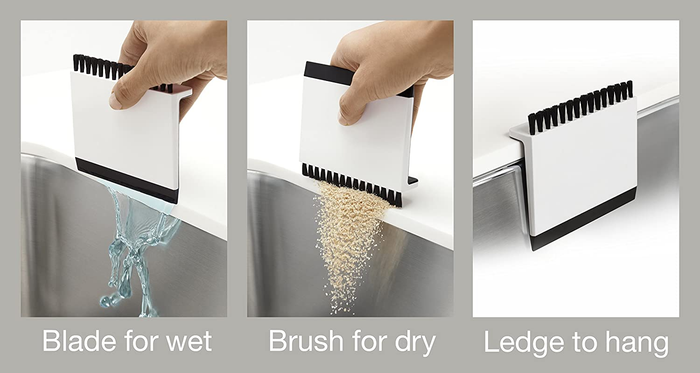 Three images demonstrating how to use the squeegee for wet messes, the brush for dry spills, and the ledge to conveniently hang it when finished.