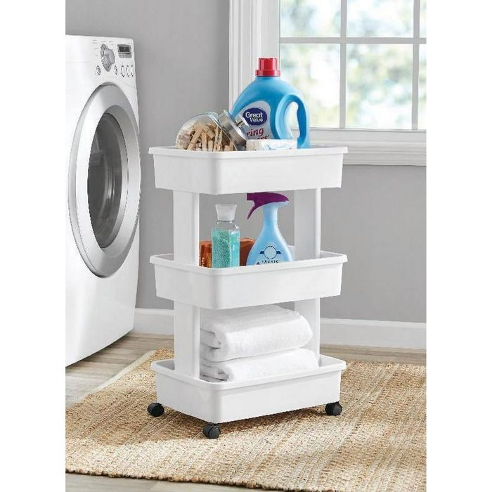A rolling cart stocked with laundry supplies, offering a convenient way to store and organize your essentials.