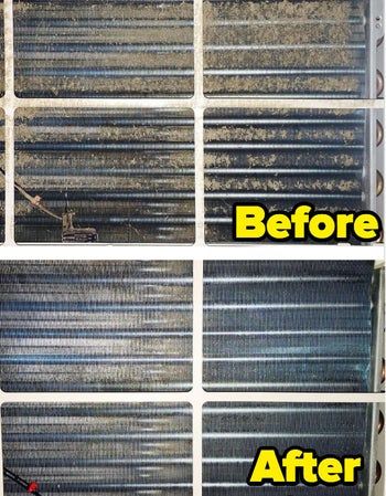 Before and after photos from a reviewer showing dirty air conditioner coils at the top, and much cleaner coils below after using the cleaner