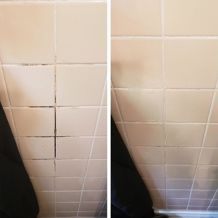 A reviewer's before and after photos showing their tile grout with black mold and grime, now clean and restored