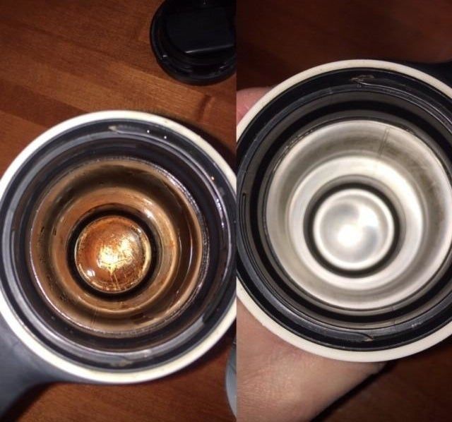 A reviewer’s photo displaying a dirty cup before using the tablets and a pristine cup afterward