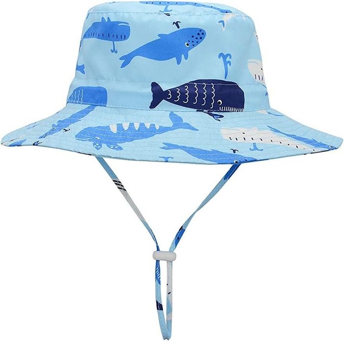 A bucket hat featuring a fun blue whale design