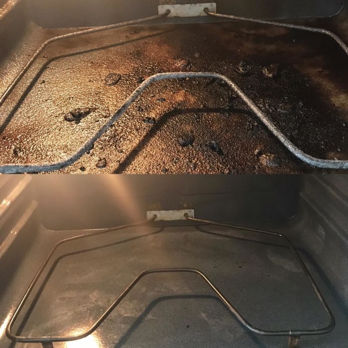 A reviewer’s before and after photos showing their oven, once caked with burnt food, now looking spotless and brand new
