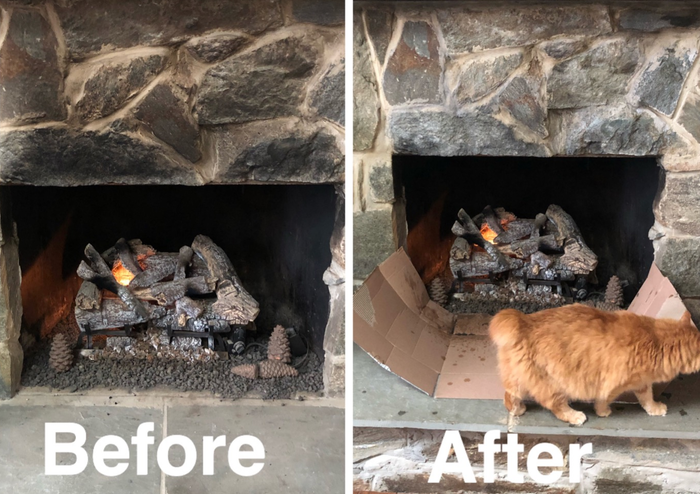 Reviewer’s before-and-after images show a sooty stone fireplace on the left, and the same fireplace, spotless, on the right
