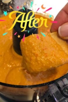 A photo showing the ingredients blended together into a smooth dip for chips.