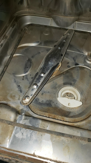 Reviewer photo of a dishwasher interior covered with residue