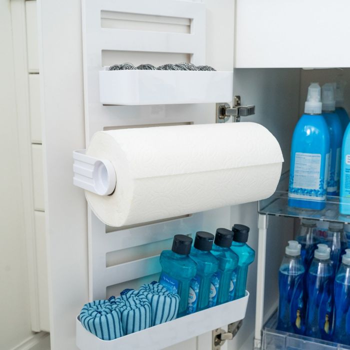 A well-organized under-cabinet storage area holding cleaning supplies such as paper towels, steel wool scrubs, bottles of blue cleaning liquid, and sponges.