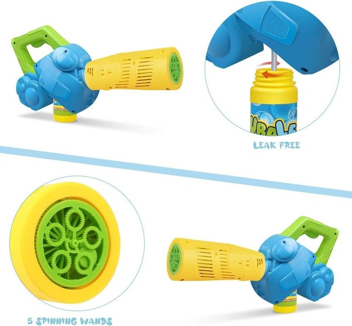A bubble blower with five spinning wands and a leak-proof bubble bottle attached