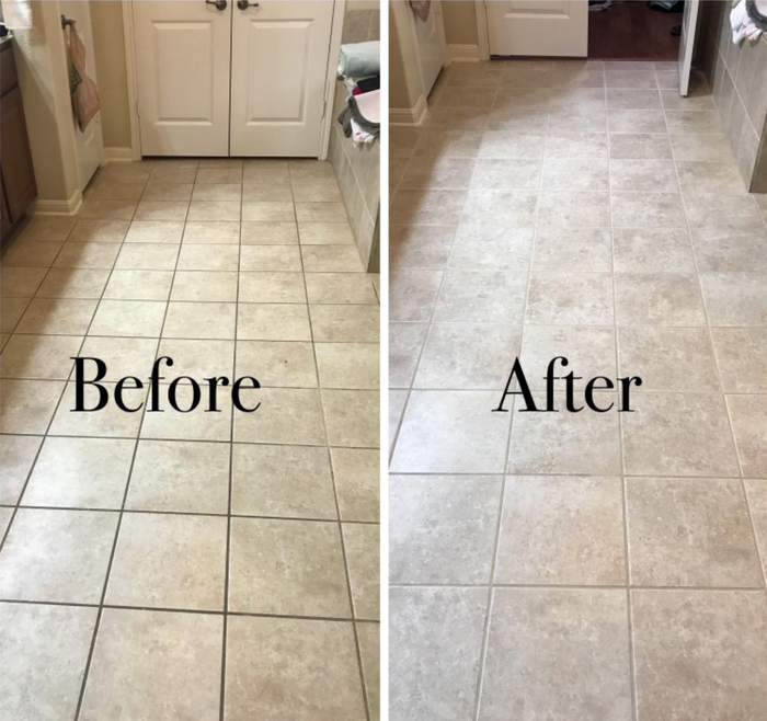 Before and after shots of a tile floor with dirty grout, next to the same floor with freshly cleaned grout