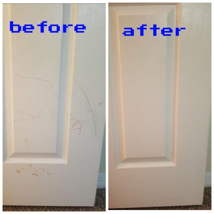 Before and after photos from a reviewer showing a white door covered in crayon marks, and the same door restored to its original state with no markings