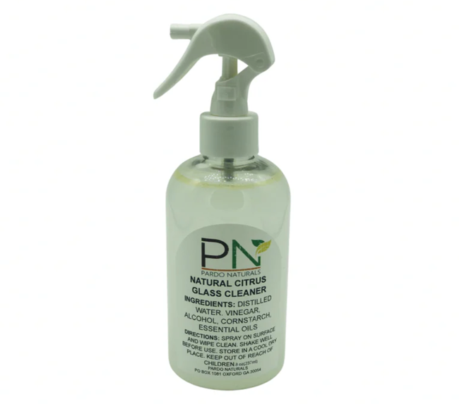 A spray bottle of citrus-scented natural glass cleaner