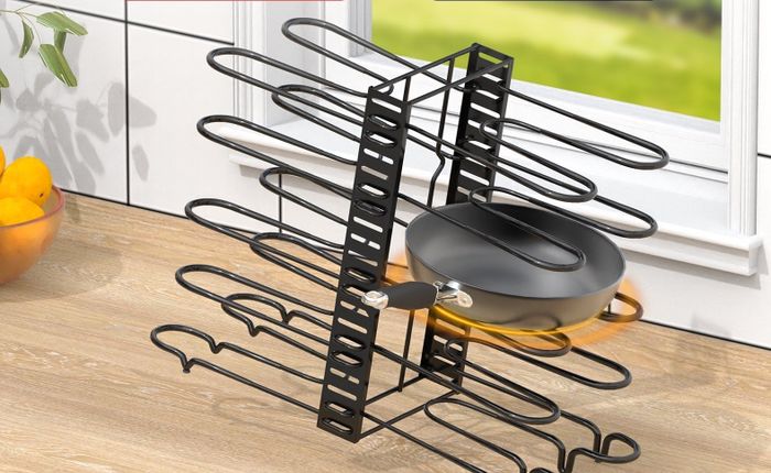 A kitchen pot lid organizer shelf with an anti-slip layer, comparing the upgraded design to its previous version.