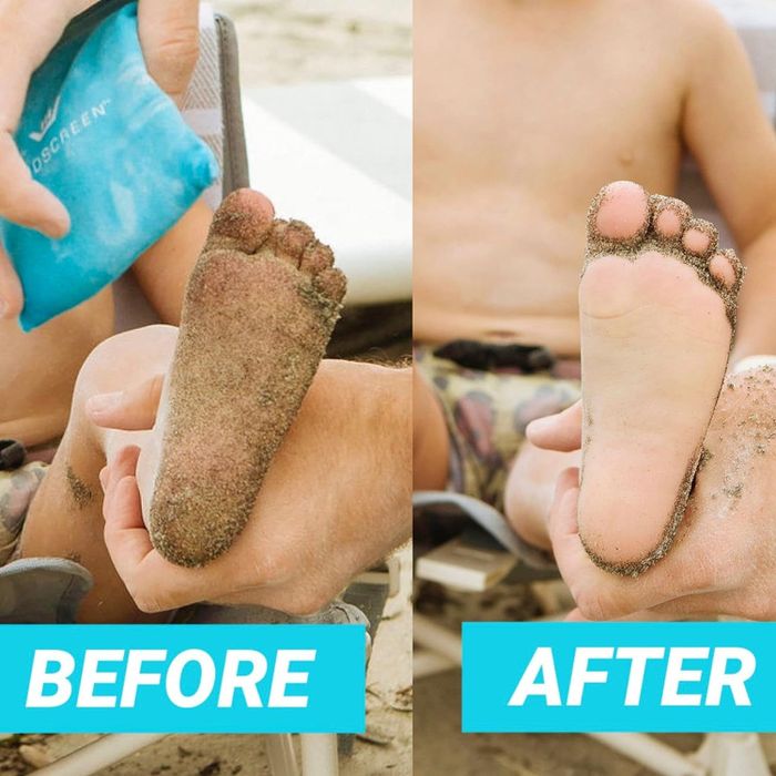 A side-by-side comparison of a foot covered in sand before and after using a sand-removal product