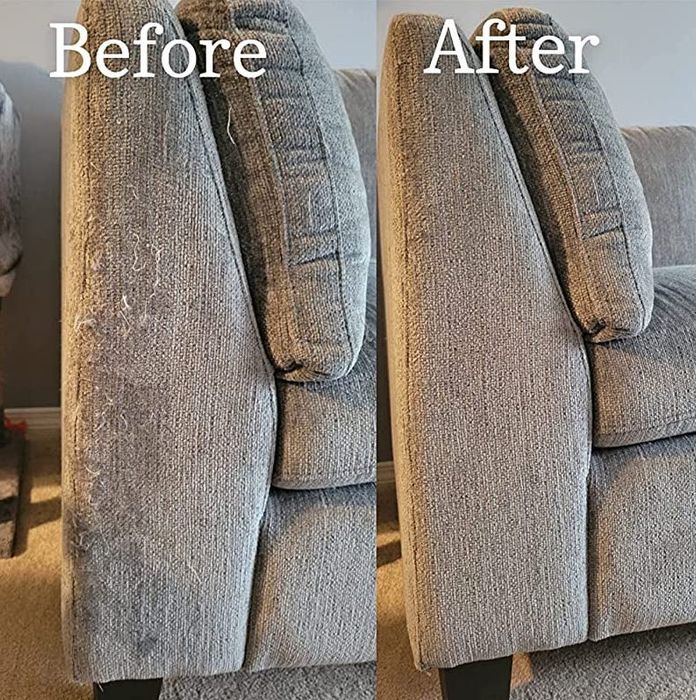 Before and after photos from a reviewer showing a sofa with damaged fabric on the left and the fabric restored to looking new on the right
