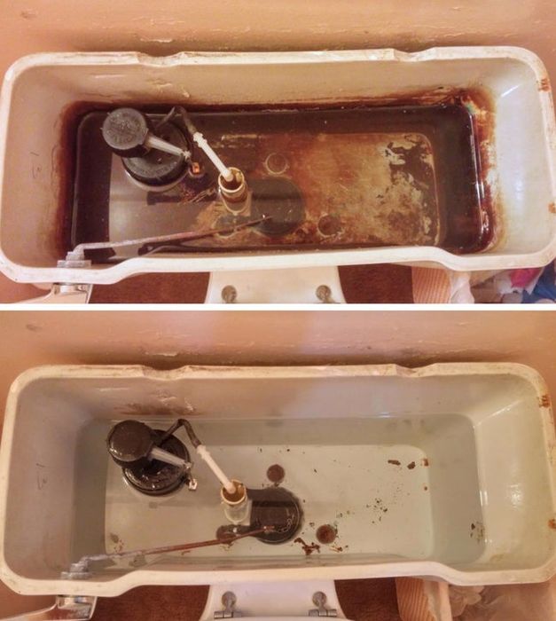 Before: a tank caked in rust, and after: the same tank with only small remnants of rust left