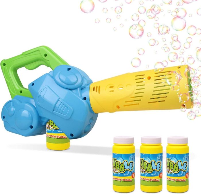 A bubble machine in blue, green, and yellow with three bottles of bubble solution